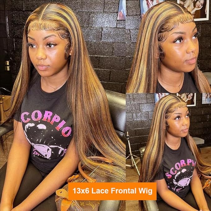 Tuneful 28 Inch 180 Density Honey Blonde Ombre 13X6 HD Lace Frontal Wig Human Hair Glueless Highlight 4/27 Colored Straight Lace Front Wigs Human Hair Pre Plucked for Women