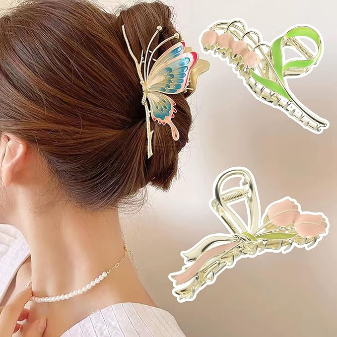 3-Piece Floral Metal Hair Accessories: Butterfly, Lily, Tulip Barrettes with Strong Hold and Non-Slip Design for Thin to Thick Hair