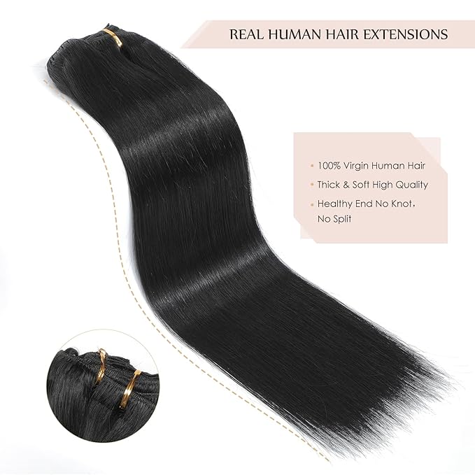 Sisily Clip in Hair Extensions Real Human Hair, 24 inch 180g, Jet Black, 100% Brazilian Remy Human Hair Clip in Extensions Soft Straight 7pcs Per Set with 16 Clips Double Weft