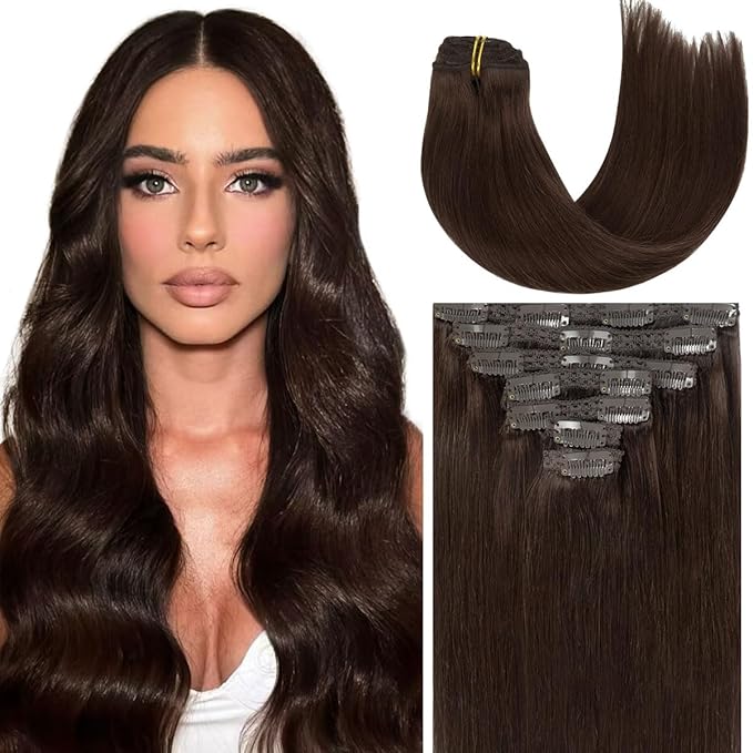Caliee Seamless Hair Extensions Clip in Human Hair Silky Straight 7Pcs Thick Hair Clip in Hair Extensions Remy Natural Hair Clip ins for Women 20 Inch 110G 2A Light Dark Brown