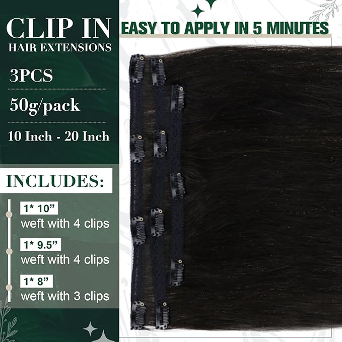 RUNATURE Black Clip in Hair Extensions, Real Human Hair Clip in Extensions, Clip on Hair Extensions For Women, Double Weft Remy Natural Hair, Easy to Install, 14 Inch 50g 3pcs #1B Off Black