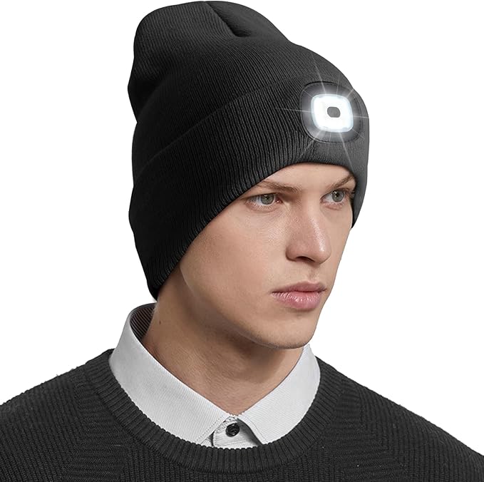 Unisex LED Beanie with Light, Rechargeable Headlamp Hat, Stocking Stuffers Christmas Gifts for Men, Warm Knitted Cap White Elephant Gifts for Dad Adults Teens Men Women Him