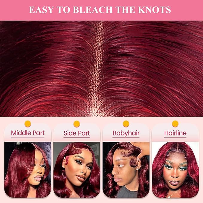 99j Burgundy Lace Front Wigs Human Hair 28 Inch 13x6 Body Wave HD Lace Front Wigs Pre Plucked with Baby Hair 200 Density Red Wigs for Women