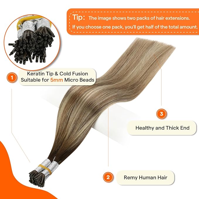 Full Shine Itip Human Hair Extensions 18 Inch Color 3 Dark Brown to 8 Ash Brown and 22 Light Blonde Natural Straight I Tip Hair Extensions Human Hair for Women 40 Grams