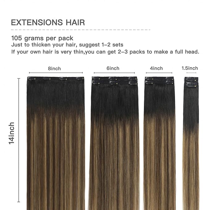 Balayage Clip-in Hair Extensions - Natural Black to Chocolate Brown Mix, Caramel Blonde - Real Human Hair Ombre - Clip Ins for Women - 14 inch, 7pcs, 105g