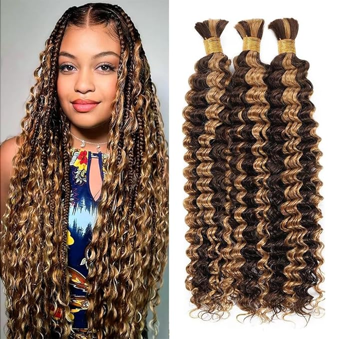 Highlight Deep Wave Bulk Human Hair for Braiding 20 inch Wet and Wavy Boho Bulk Human Hair for Braiding Knotless No Weft 150g