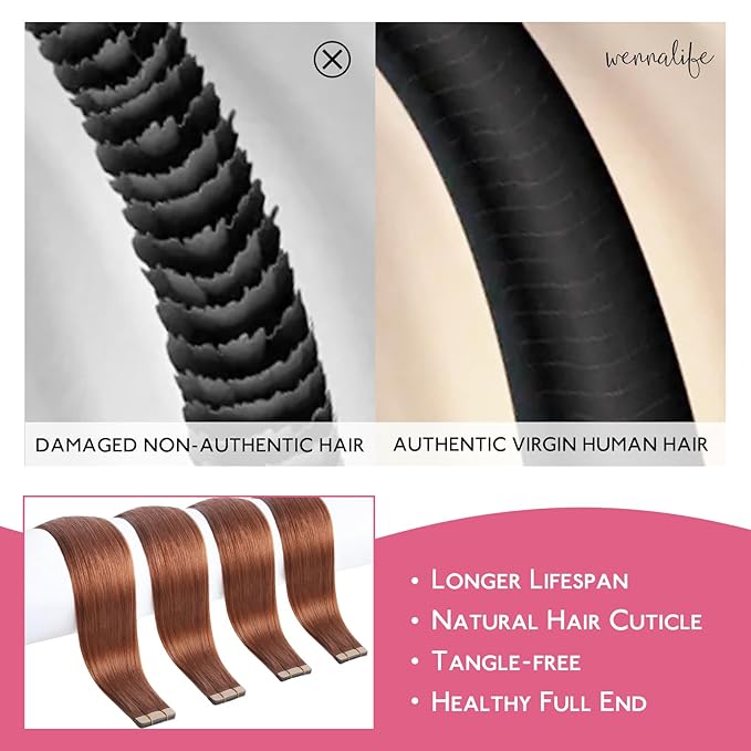WENNALIFE Tape in Hair Extensions Human Hair Dark Auburn Copper Tape in Extensions, 10pcs 20g 12 inch Remy Invisible Tape Ins Straight Colored Soft Real Human Hair Tape in Extensions Refill Set Extens