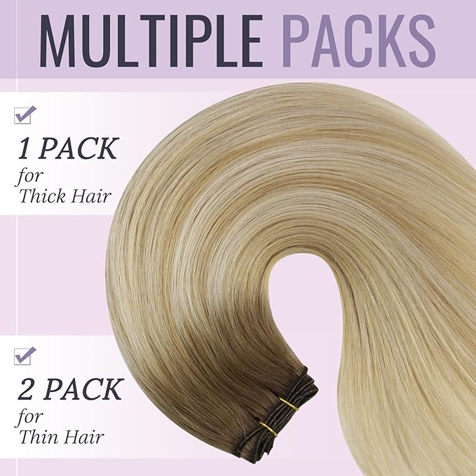 Fshine Hand Tied Weft Hair Extensions Color Chestnut Brown Fading to Honey Blonde Highlight Platinum Blonde Double Weft Hair Extensions 16 Inch 100g