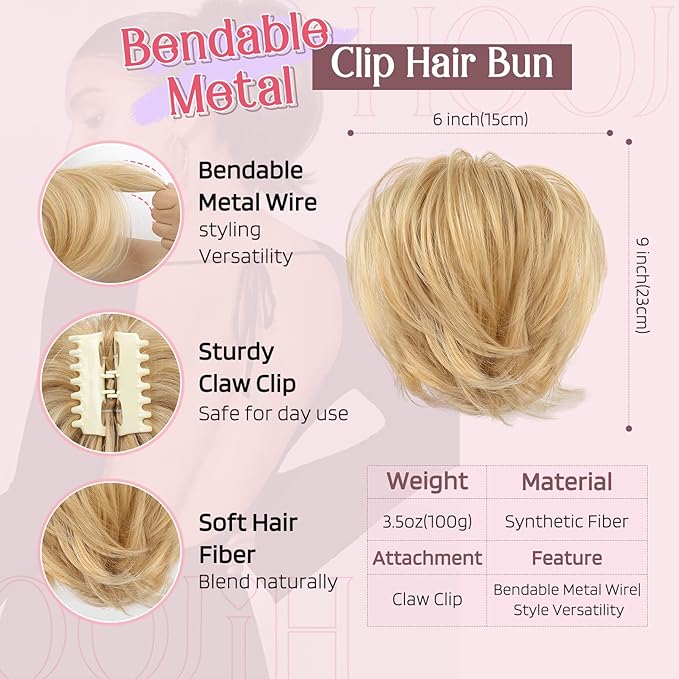 HOOJIH Ponytail Extension, Claw Clip in Straight Messy Hair Bun 9 Inch Short Ponytail Extension with Bendable Metal Wire Hair Pieces for Women Fake Hair Bun DIY Styles - Honey Blonde