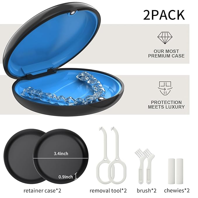 2 Pack Retainer Case, Compatible with Invisalign, Orthodontic Aligner Case with Removal Tool and Brush, Black