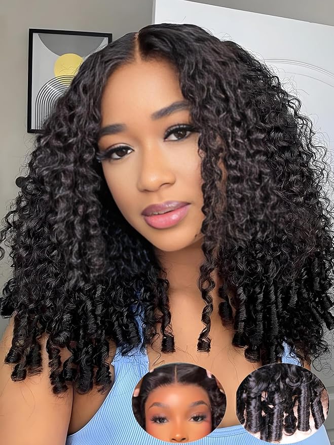 Burmese Curly Wear and Go Glueless Wig Human Hair Curly Texture with Finger Coil Ends Upgrade 9X6 T Part Pre Cut Lace Flip Over Beginner Friendly Wear Go Drawstring Wig 180% Density 20 Inch