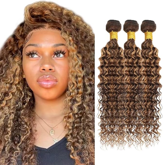 Highlight Bundles P427 Human Hair Bundles Dark Brown Bundle 12 14 16 inch Ombre Brown Deep Wave Bundle 150g