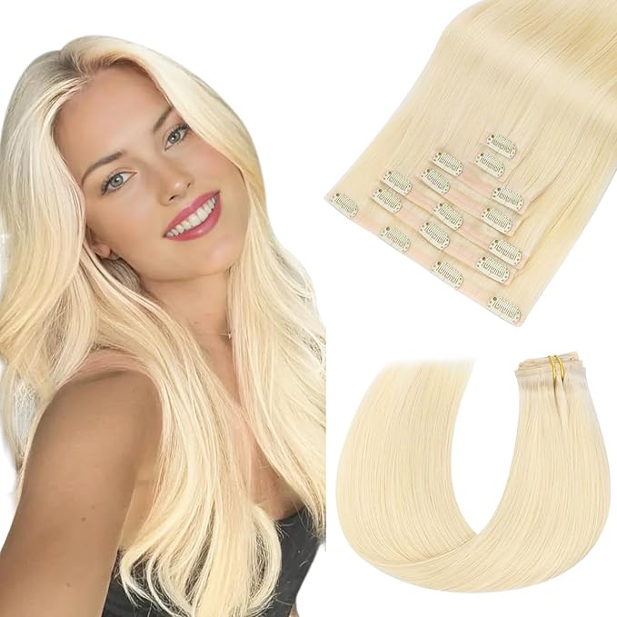 HOTBANANA Seamless Clip in Hair Extensions, 18 Inch 110g 7pcs Platinum Blonde Invisible PU Skin Weft Straight Remy Human Hair Extensions