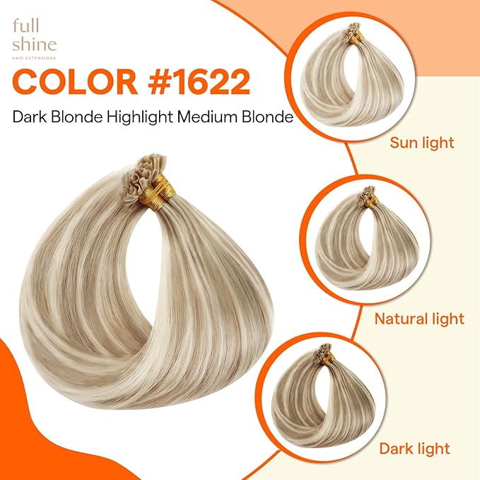 Full Shine U Tip Hair Extensions Blonde Highlighted Ktip Human Hair Extensions 16 Inch Prebonded Keratin Extensions Remy Hair 50 Grams Fusion Extensions for Women