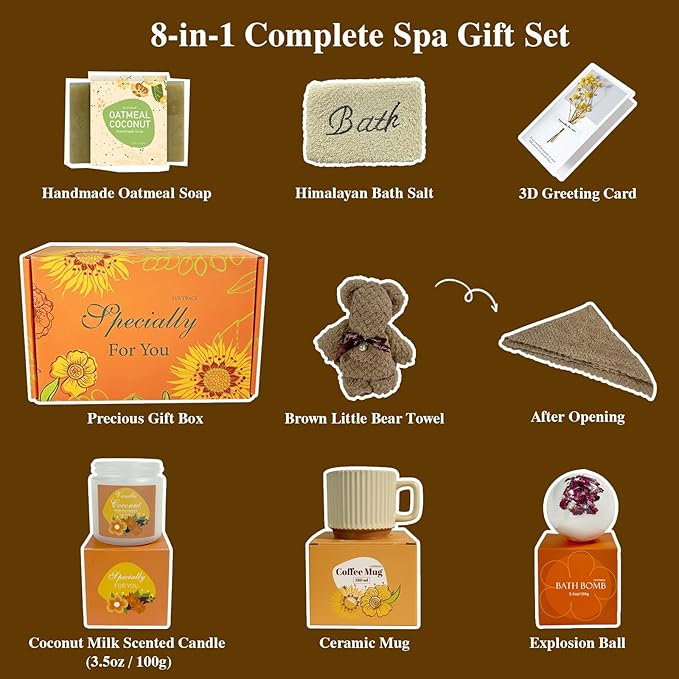 Self Care Gifts for Women,Spa Gift Box for Women,8-in-1 Relaxing Gift Set with Ceramic Mug,Candle,Bath Bomb,Handmade Soap,Bear Towel,Greeting Card,Birthday, Get Well Soon, Thinking of You