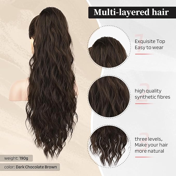 Flufymooz Ponytail Extension, 26 Inch Drawstring Ponytail Hair Extensions for Women， Long Curly Wavy Pony Tail Natural Wavy Synthetic Hairpiece for Women, Daily Use Party (Dark Chocolate Brown)