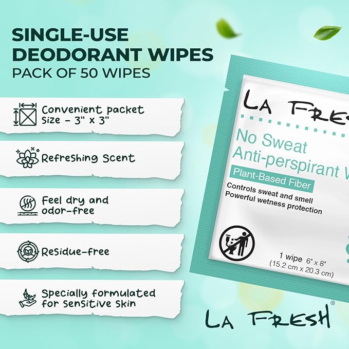 La Fresh Travel Lite Antiperspirant and Body Wipes - 50 Individually Wrapped Deodorant Wipes for Adults, Men and Women Travel Essentials