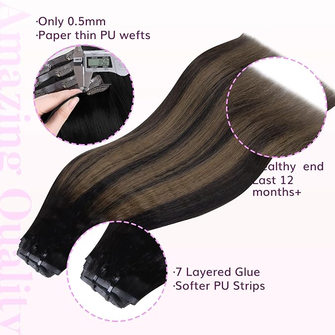 IDN BEAUTY Seamless Clip In Hair Extensions Human Hair, Kinky Straight 24 Inch 110g 7pcs, 1B/6/1B Balayage Natural Black to Chestnut Brown Remy Hair Seamless Clip Ins For Black Women PU Invisible Edge