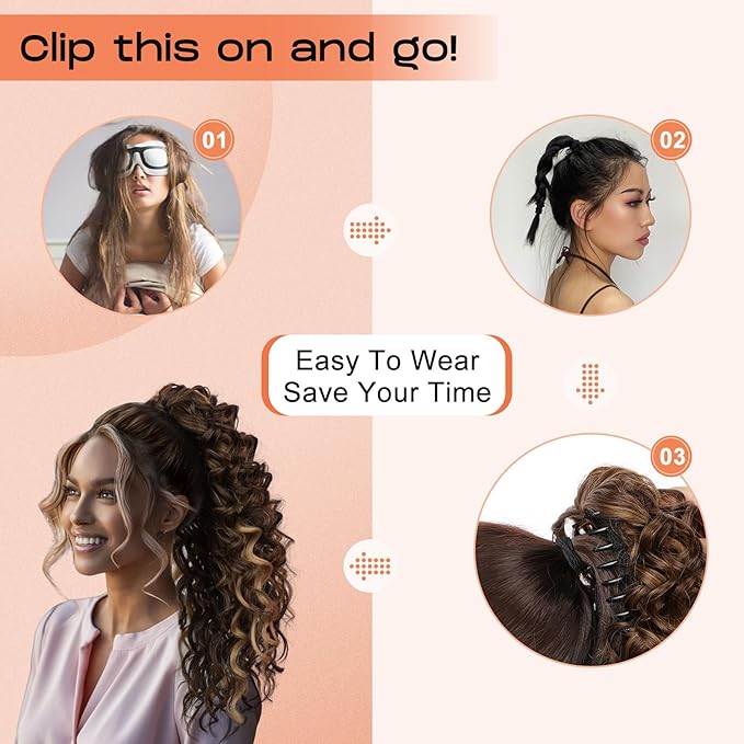 SEIKEA Ponytail Extension, 18" Claw Clip Ponytail Extension Wavy Curly Jaw Clip in Ponytail Hair Extensions Fluffy Natural Soft Fake Pony Tails Synthetic Hairpiece Brown to Blonde