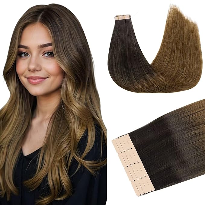 DOORES Tape in Hair Extensions Human Hair, Chocolate Dip Color Melt 14 Inch 50g 20pcs, Human Hair Extensions Natural Hair Extensions Seamless Straight