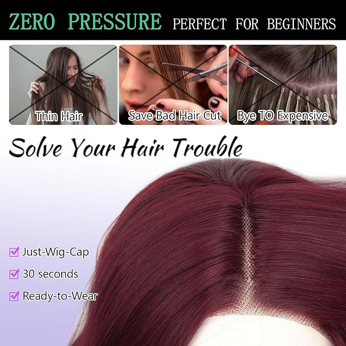 AISI HAIR 14 Inch Wine Red Wigs for Women - Shoulder Length Wave Wig with Pre-Cut Lace Hairline, Middle Part Natural Wavy Bob Synthetic Heat Resistant Fiber for Daily and Party