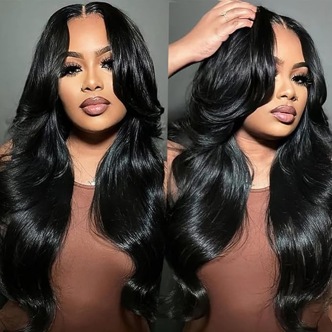 Fluffy Natural Loose Body Wave Curtain Bangs Wig Glueless Wigs Human Hair Pre Plucked Pre Cut 13x6 PartingMax HD Lace Pre Everything Lace Front Wigs Human Hair for Women (Black Color, 24”)