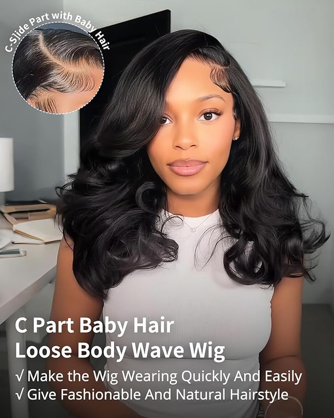 Tinashe Human Hair Wig Glueless Wigs Human Hair Pre Plucked Pre Cut Bob Wear And Go Loose Body Wave Layered Cut 6x5 HD Lace Front Wigs for Black Women Side Part Curtain Bangs Natural Black Wigs 20inch