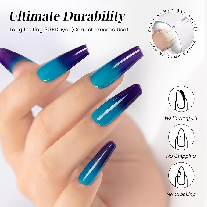 YTD Likomey Color Changing Gel Nail Polish,15ml Deep Purple To Turquoise Green Mood Temperature Change Colors,Thermal Ombre Home Salon Fall Winter Manicure UV Nail Gel,WB421