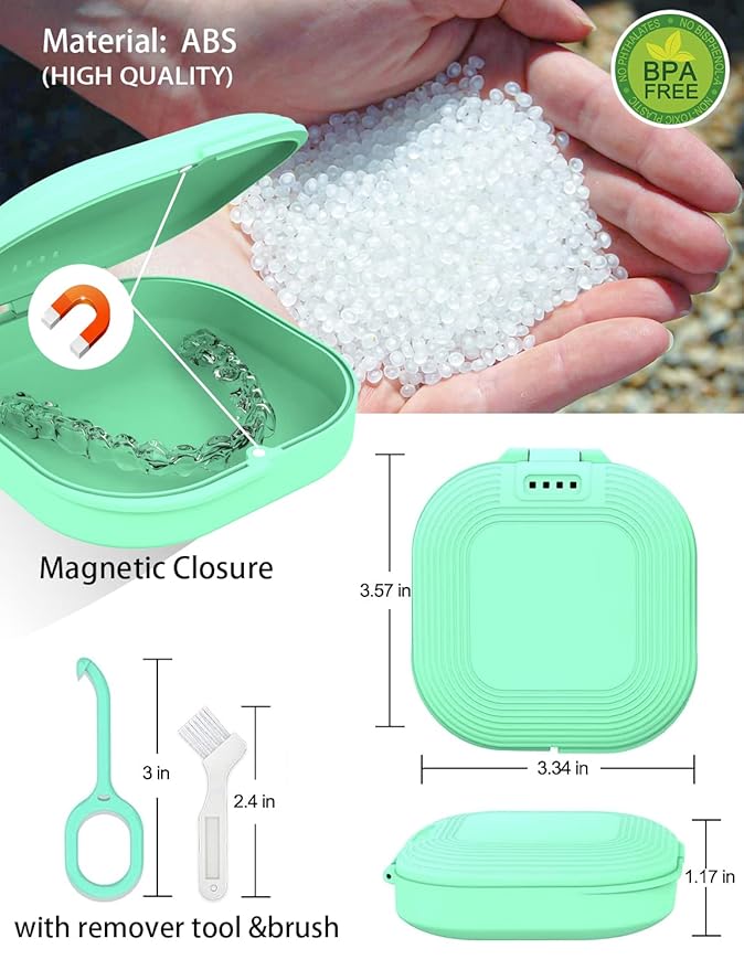 HEMILAB® Retainer Case, Slim Aligner Case with Vent Holes, Compatible with Invisalign, Mouth Guard Case, Cute Retainer Case with Retainer Removal Tool and Brush, Green