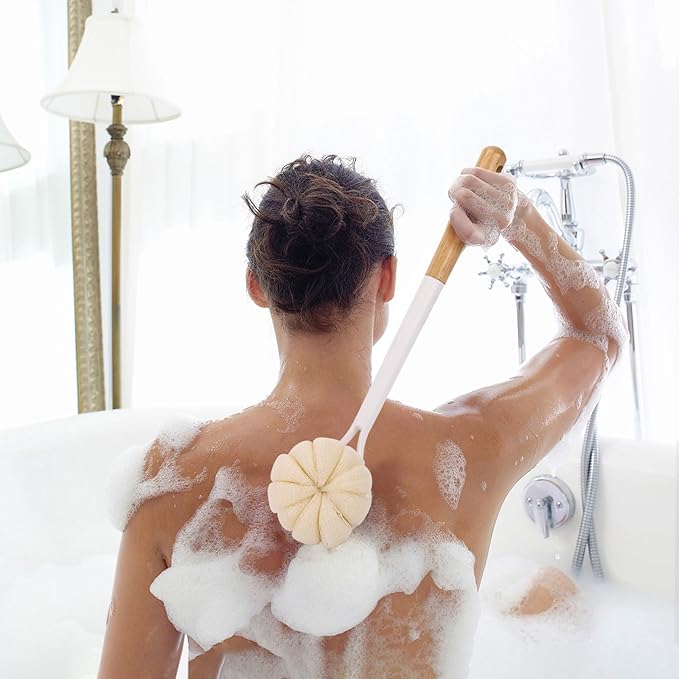 BTYMS Bath Sponge Back Brush Long Handle for Shower 17 Inch, Double Sided Exfoliating Back Scrubber Brush Shower Body Brush with Soft Bristles and Loofah