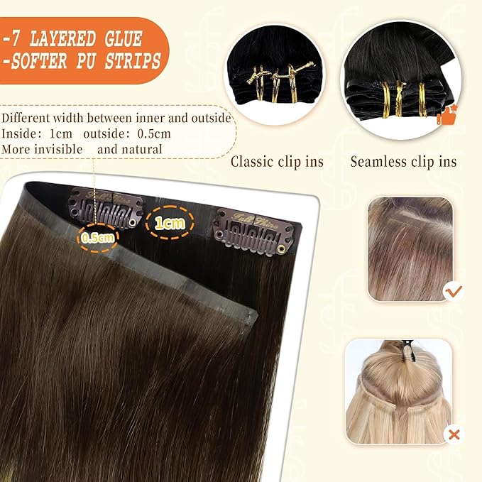 Full Shine Seamless Human Hair Clip in Extensions 14 Inch Ombre Dark Brown to Light Brown with Honey Blonde Real Hair Seamless Clip ins for Women 8 PCS 120 Grams