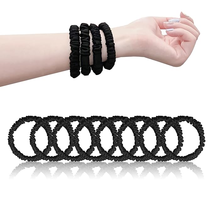 Mulberry Silk Hair Scrunchies – 8 Pack Soft & Smooth Pure Skinny Silk Scrunchies, Hair Ties for Women Girls, Elastic Ponytail Holders No Damage