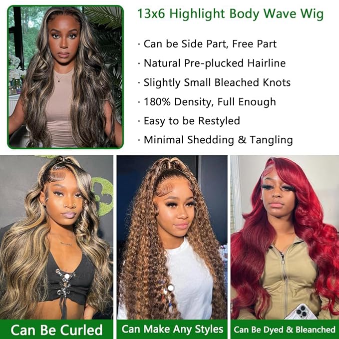 13x6 Body Wave Lace Front Wigs Human Hair 180% Density FB/27 Balayage Highlight Lace Front Wig Human Hair 24 Inch HD Lace Frontal Wigs Glueless Wigs Balayage Wig