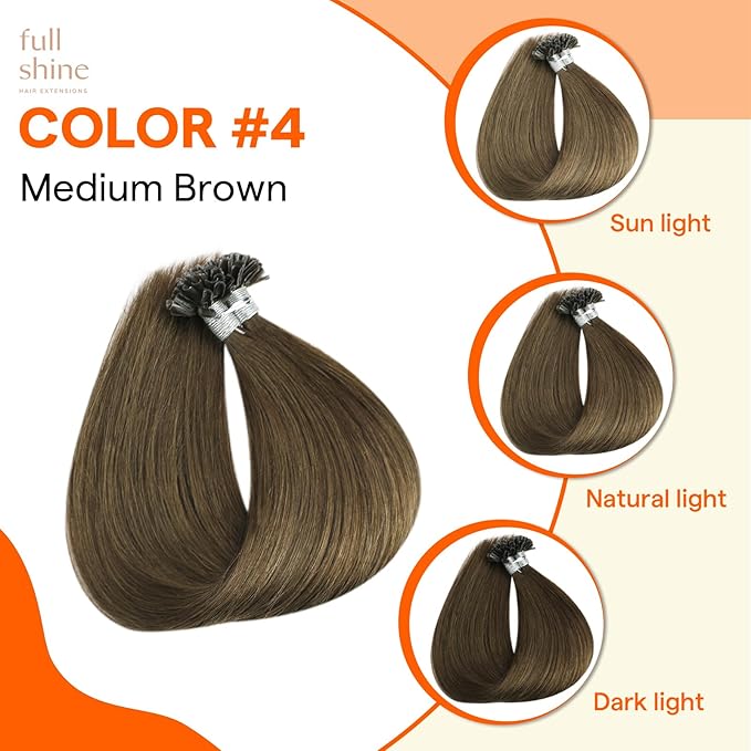 Full Shine U Tip Hair Extensions Human Hair Medium Brown 16 Inch Keratin Tip Hair Extensions Real Human Hair Prebonded Extensions 50 Grams Straight Remy Hair for Women