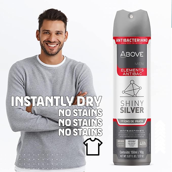 ABOVE Shiny Silver - 48 Hours Elements Antiperspirant Deodorant Set for Men - Notes of Jasmine and Mint - Dry Spray Protects Against Sweat and Body Odor - Instant Freshness - Stain Free - 4 pc