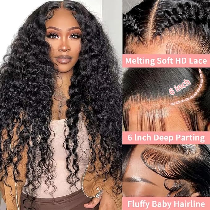 13x6 Deep Wave Lace Front Wigs Human Hair 24 Inch 200 Density HD Lace Frontal Glueless Wigs Human Hair Pre Plucked Deep Curly Wig with Baby Hair Natural Black
