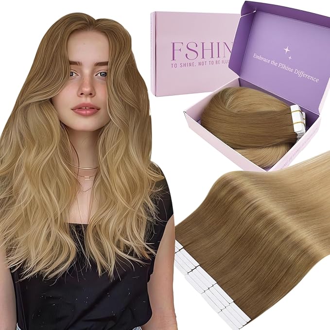 Fshine Hair Extensions Tape in Real Human Hair Balayage Hair Extensions Color 10 Golden Brown to 14 Dark Blonde 12 Inch Invisible Tape in Extensions 30g Remy Hair for Women 20Pcs