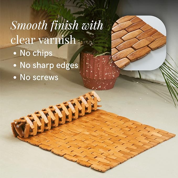 GOBAM Rollable Bamboo Bathroom Floor Mat - Non-Slip Bathtub Mat for Spa, Sauna, Kitchen, Outdoor Shower, RV, Water-Resistant Wooden Shower Mat - Natural, 23.6 x 15.7 inch