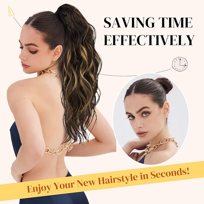 LONAI Ponytail Extension, 18" Wavy Claw Clip Ponytail Extensions ZJ001 Shoulder Length Curly Wavy Claw Clip in Ponytail Hair Extensions Synthetic Fake Pony tails Hairpieces-Ash Brown