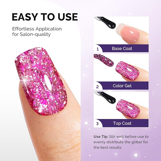 MelodySusie Galaliver Hot Pink Glitter Gel Nail Polish, 15ML Shimmer Pink Sparkle Gel Polish Soak Off UV LED Cured Long Lasting Gift for Women DIY Nail Design Nail Art Manicure X14