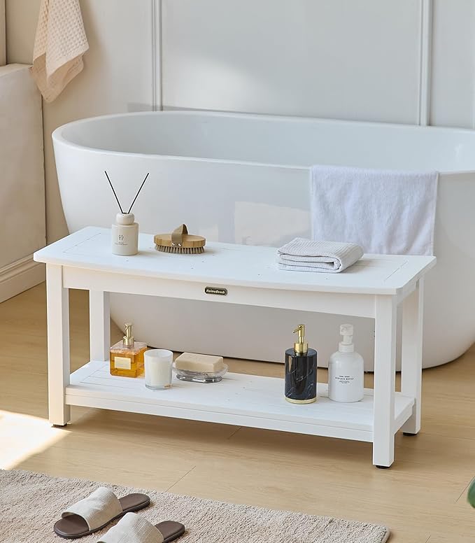 36'' Large Shower Bench Seat, Poly Lumber Bath Double People Stool for Inside Shower Waterproof, HDPS Plastic Bath Spa Chair Seat for Shaving Legs with Adjustable Feet, White (36x13 Inches)