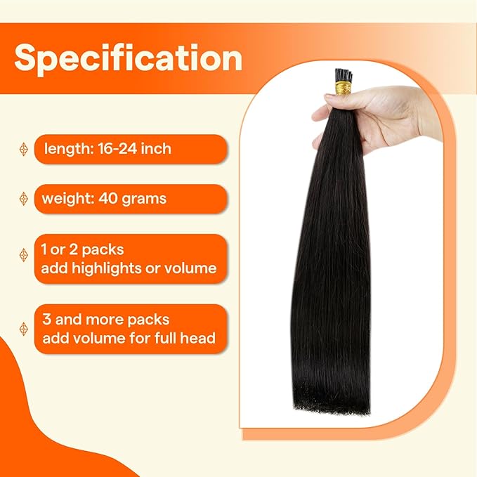 Full Shine I Tip Hair Extensions Human Hair Color 1B Off Black 22 Inch 40 Grams Long Straight Itip Human Hair Extensions add Length Pre Bonded Extensions Remy Hair for Women