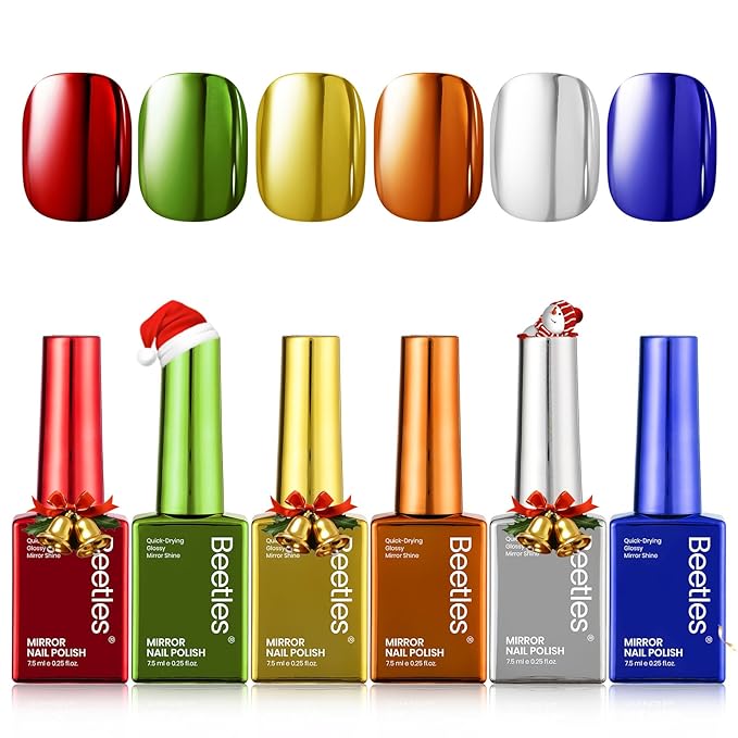 Beetles Chrome Metallic Nail Polish Set - Jingle Jewels 6 Colors Quick-Drying Glossy Mirror Nail Polish Shiny Chrome Effect Fingernail Polish DIY Nail Art Christmas Gift for Women Salon Home