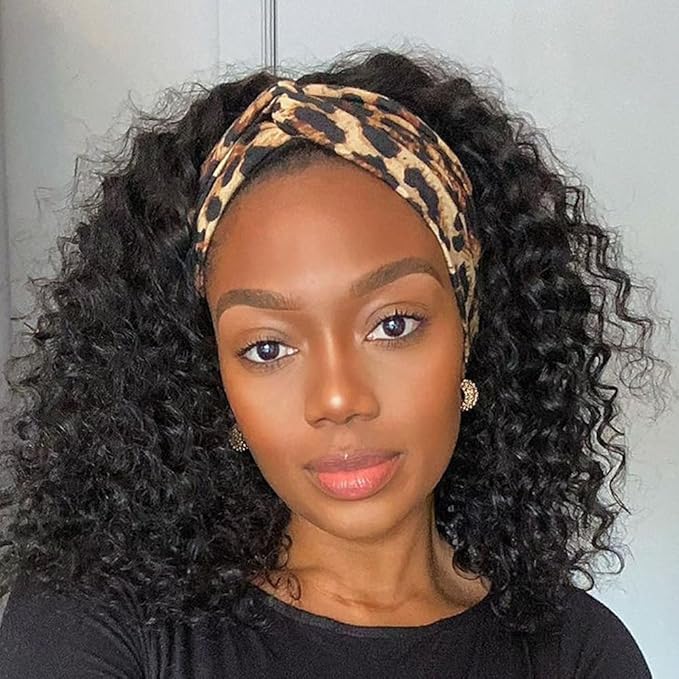 Headband Wig Deep Wave Human Hair 14Inch Machine Made Curly Headband Wigs Glueless None Lace Front Wigs for Black Women Deep Curly Half Wig 180% Density