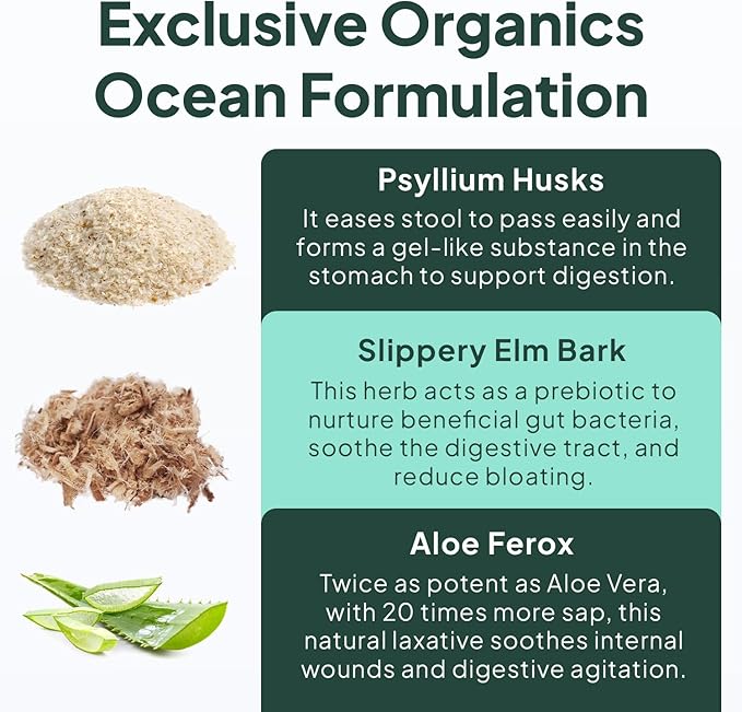 Organics Ocean Better Fiber - Daily Fiber Supplement - Soften Stool for Effortless Bowel Movements - with Psyllium Hulk and Slippery Elm - 6 Bottles