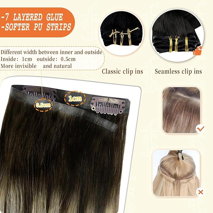 Full Shine Real Hair Extensions Clip in Human Hair Dark Brown to Platinum Blonde Seamless Clip ins Human Hair for Short Hair Washability 12 Inch 8 PCS 95 G