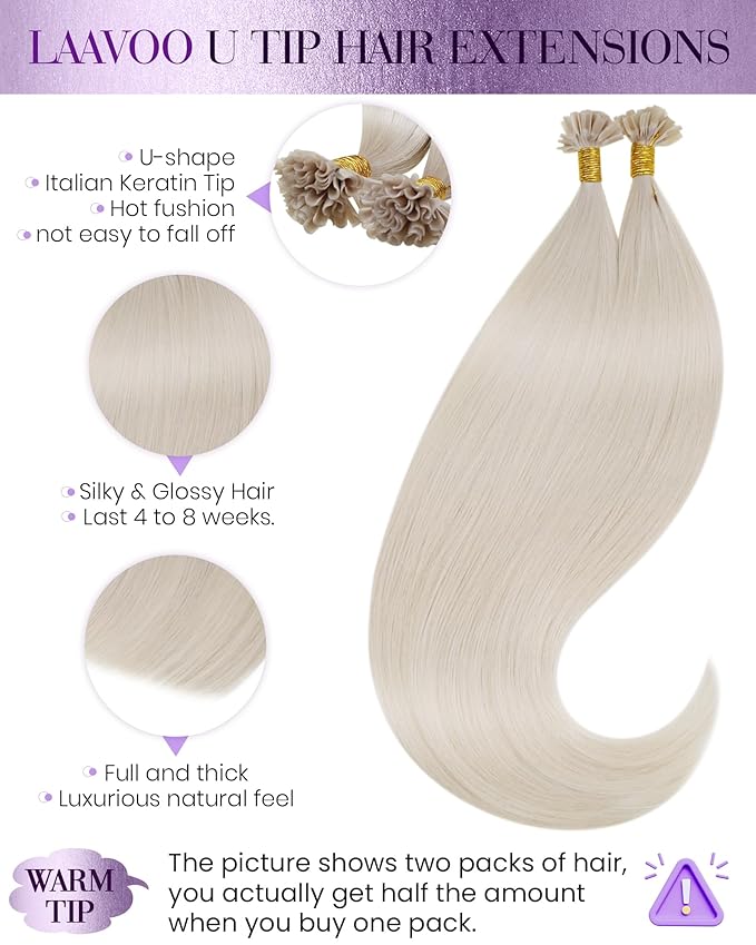 LaaVoo U Tip Hair Extensions Human Hair Platinum Blonde K Tip Hair Extensions Real Human Hair 16 Inch Blonde Remy 1g/1s 50g/pack