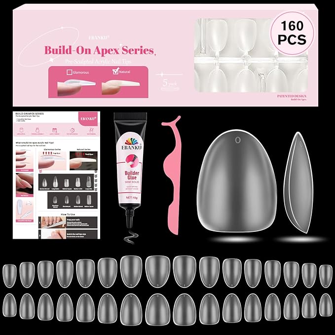 EBANKU Build on Apex Natural Nail Tips, 16 Sizes 160 PCS Extra Short Almond Clear Acrylic Full Cover Press on Nail Tips with Builder Glue, Pre-applied Tip Primer & Base Coat
