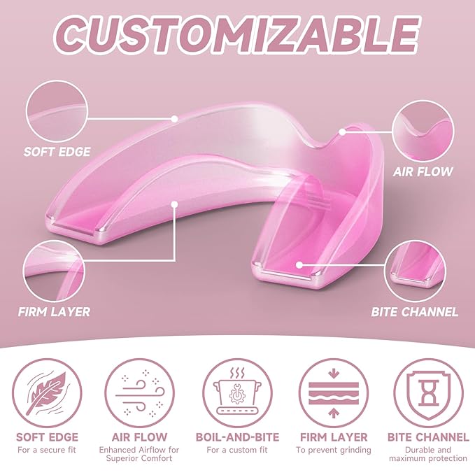 4 Pack Pink Mouth Guards for Women and Teens, Medium Size, Moldable Night Guards for Teeth Grinding and Clenching, Comfortable Bite Guards, Stylish Custom Dental Guards for Protection
