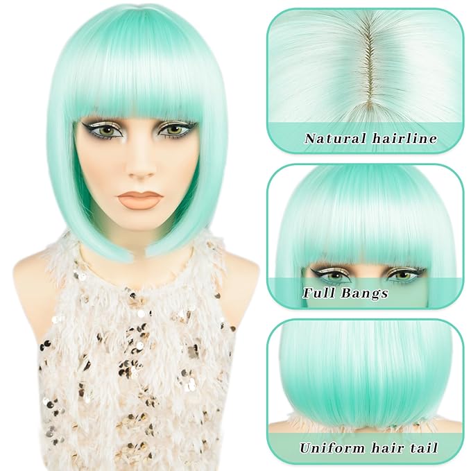 MAYSA Straight Bob Wigs with Bangs Short Bob Wig 12in Cosplay Halloween Colorful Synthetic Wigs for Women # Turquoise